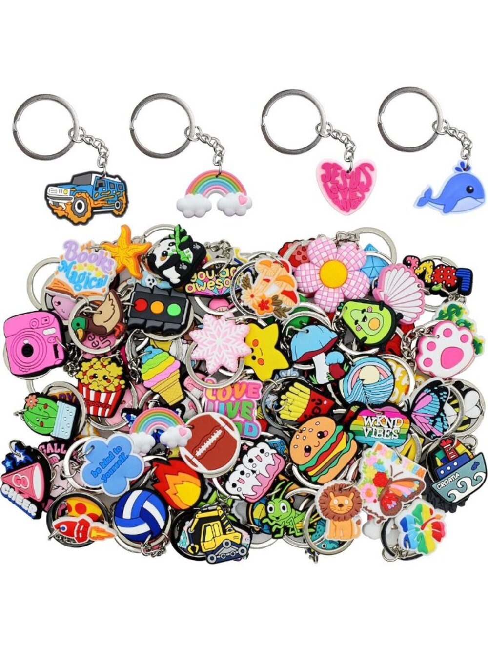 Mixed Lot of 30/50/100/200 Cute Keychains - Fun Keyrings for Classroom Prizes